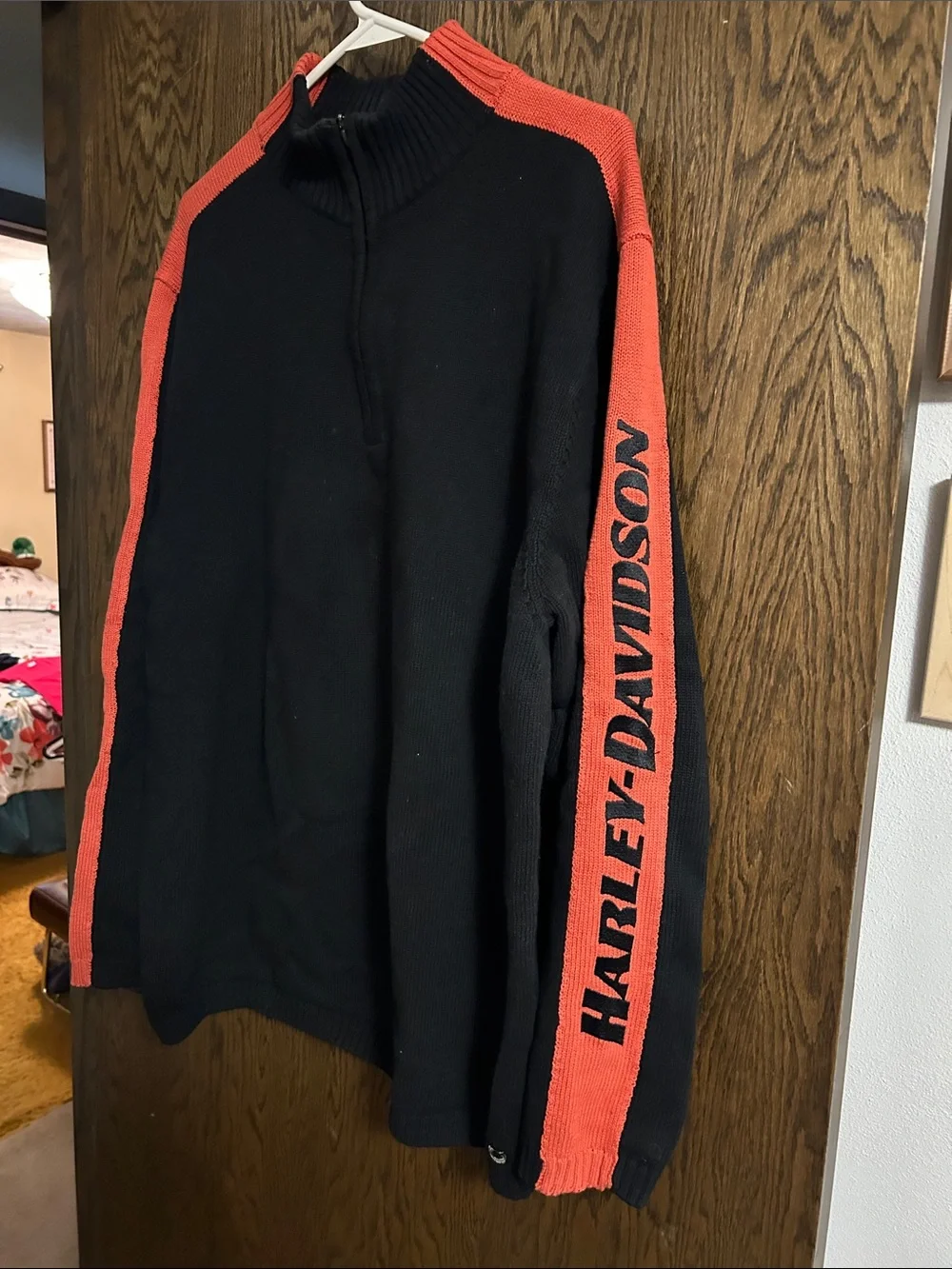 Harley-Davidson Black Sweater with Orange Sleeve Panels and Logo